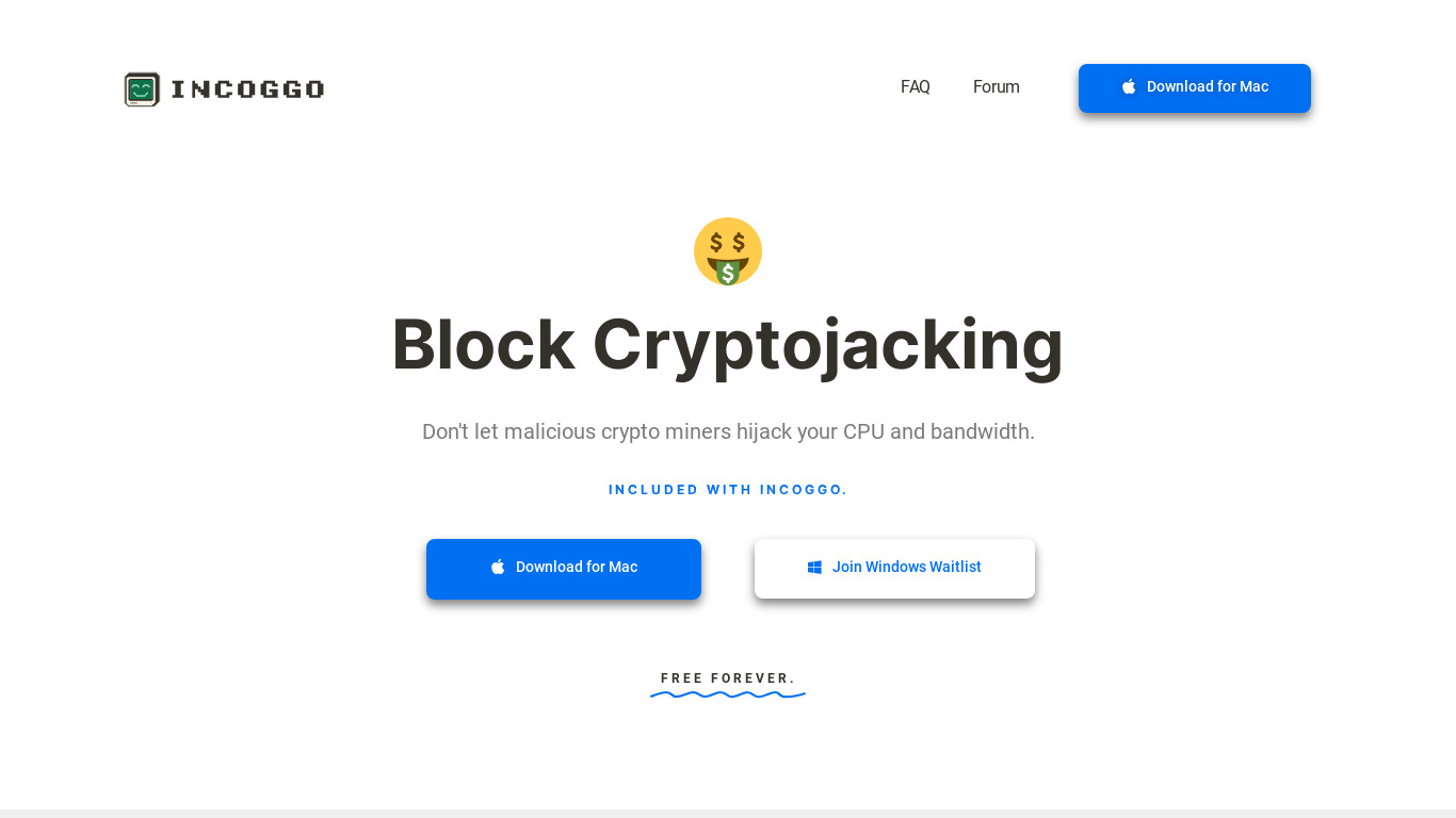 Block Cryptojacking by Incoggo Landing page