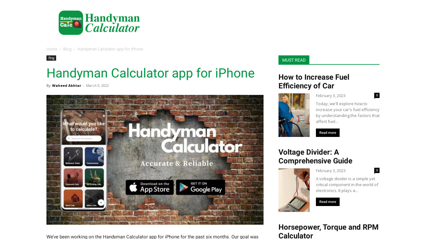 Handyman Calculator Landing page