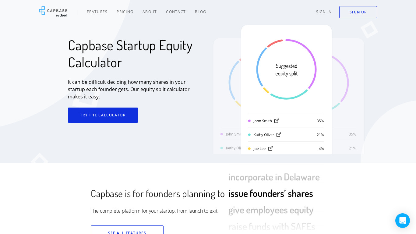 Capbase Startup Equity Calculator Landing page