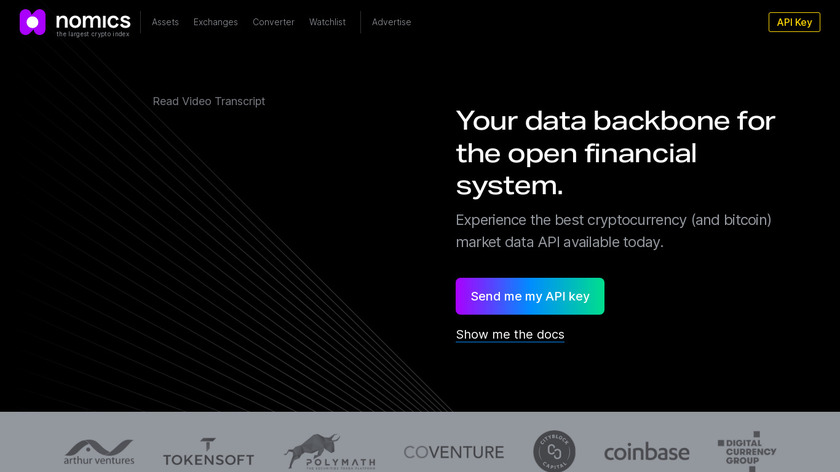 Nomics Cryptocurrency Market Data API Landing Page