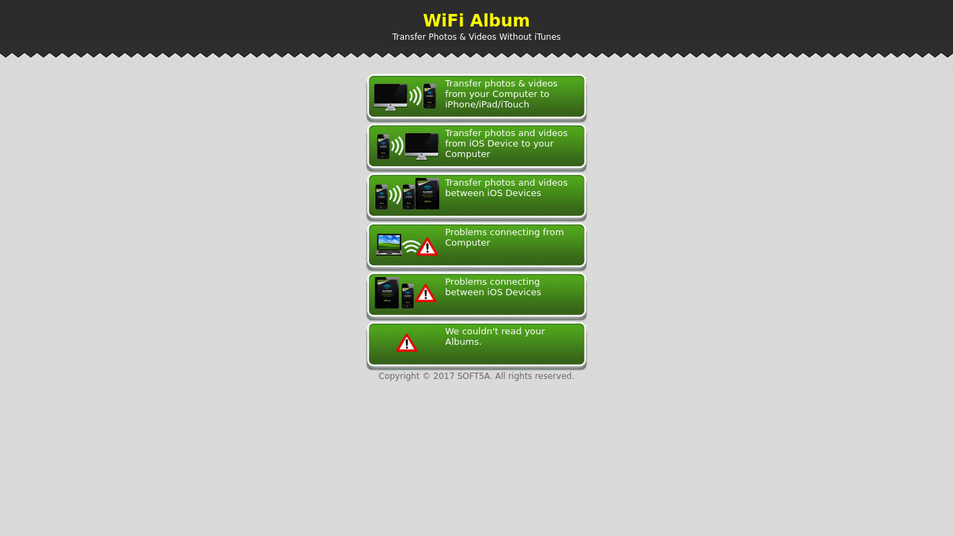 WiFi Album Wireless Transfer Landing page