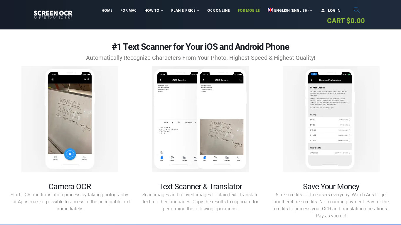 ScreenOCR for iOS Landing page