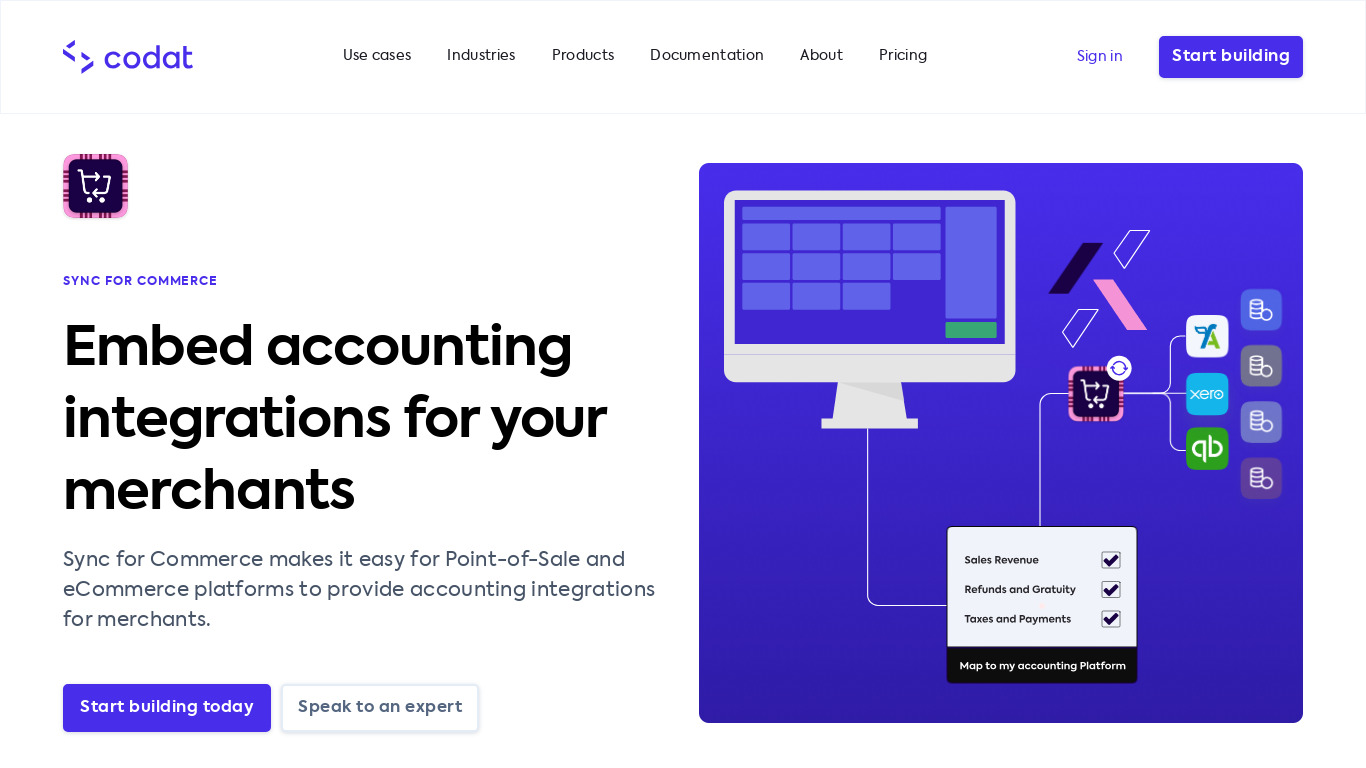 Sync for Commerce by Codat Landing page