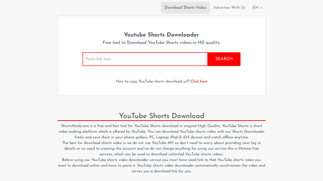 Download Shorts Video Landing page