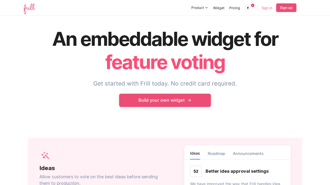 Frill Embeddable Widgets Landing page
