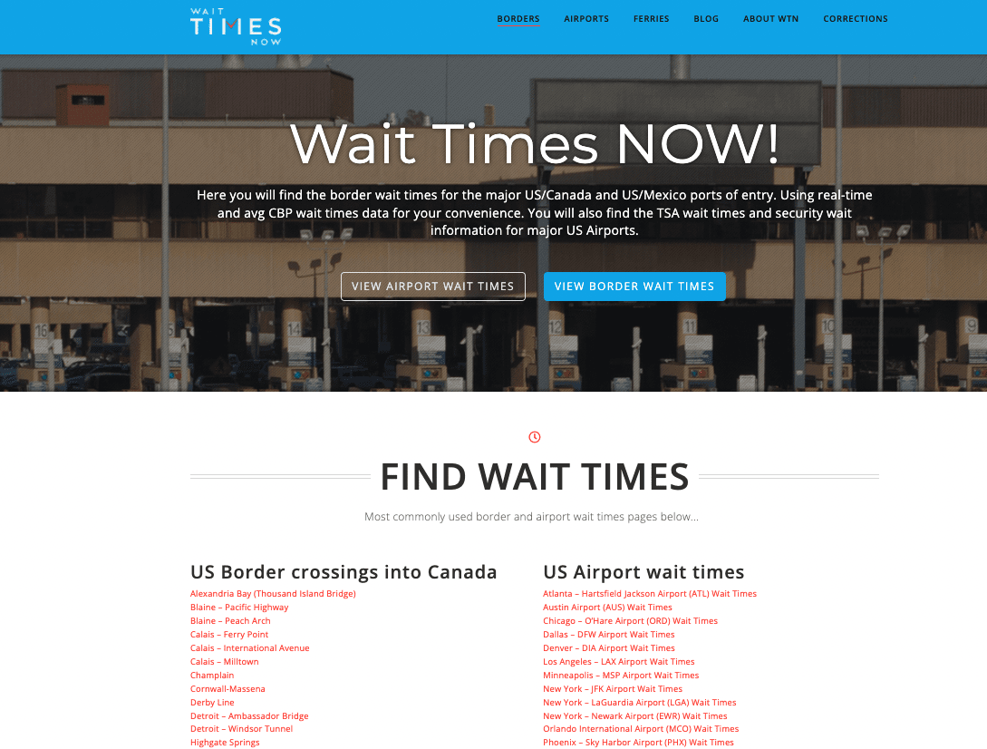 Wait Times Now Landing page