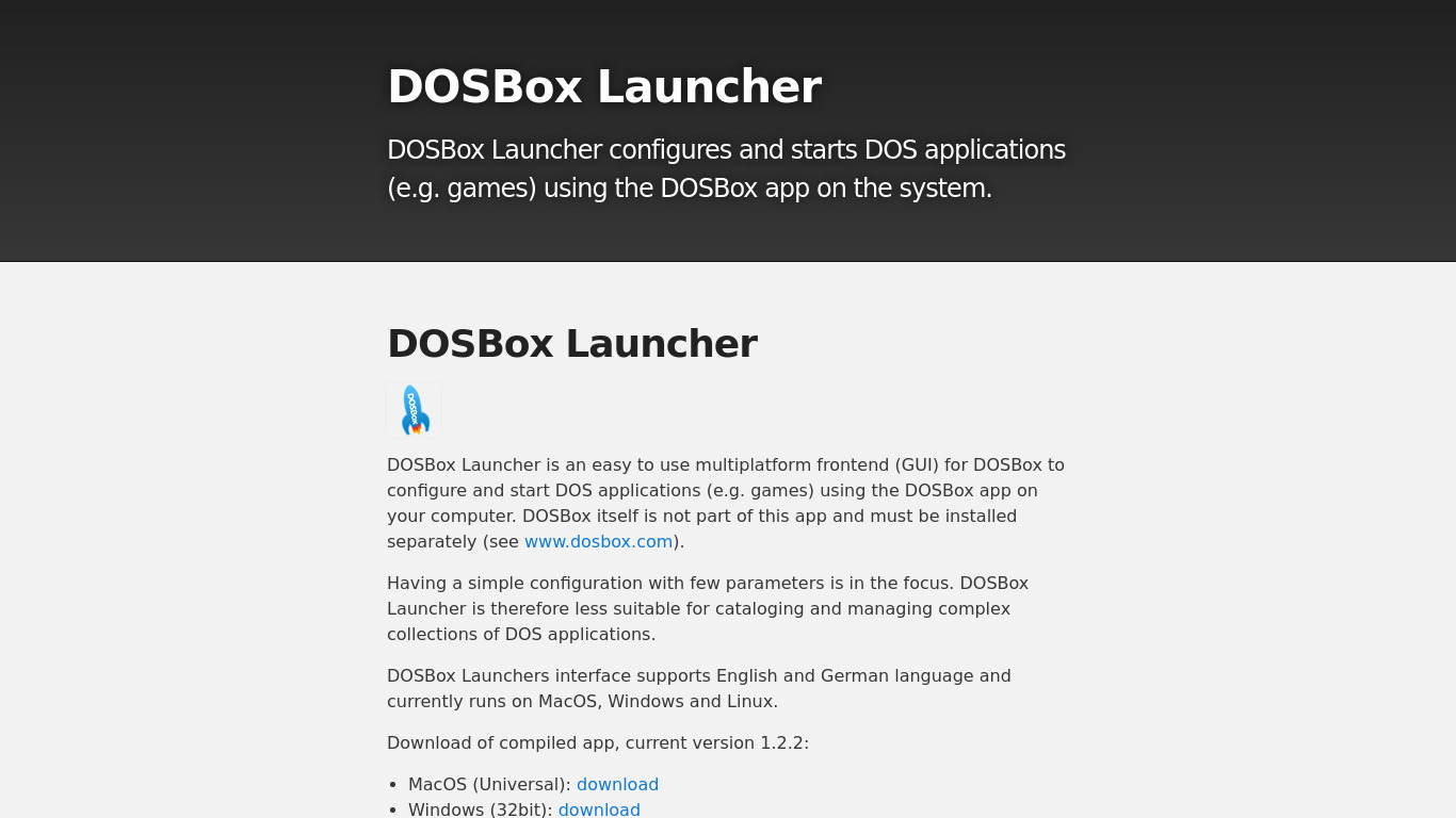 DOSBox Launcher Landing page