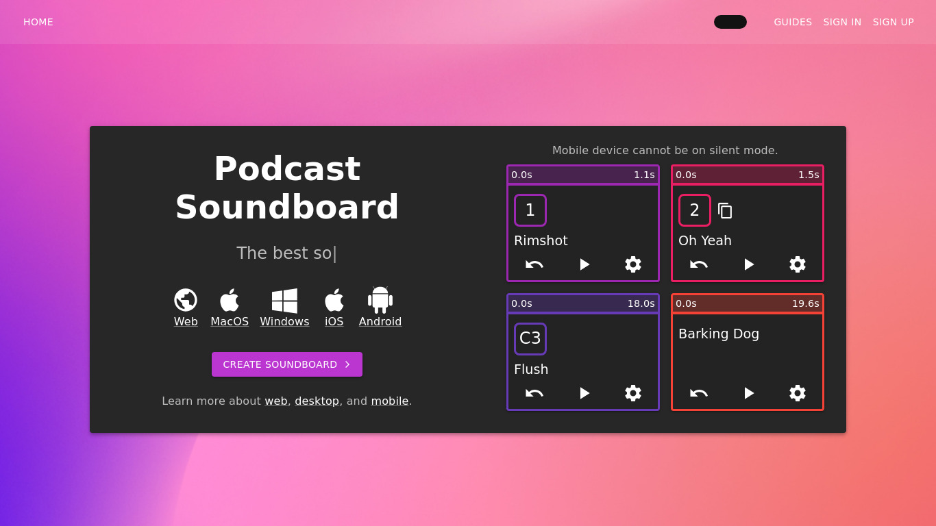 Podcast Soundboard Landing page
