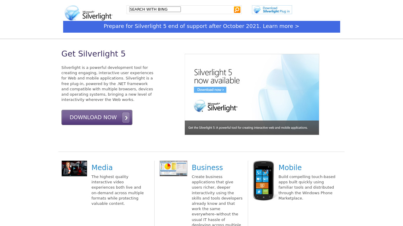 Microsoft Silverlight Landing page