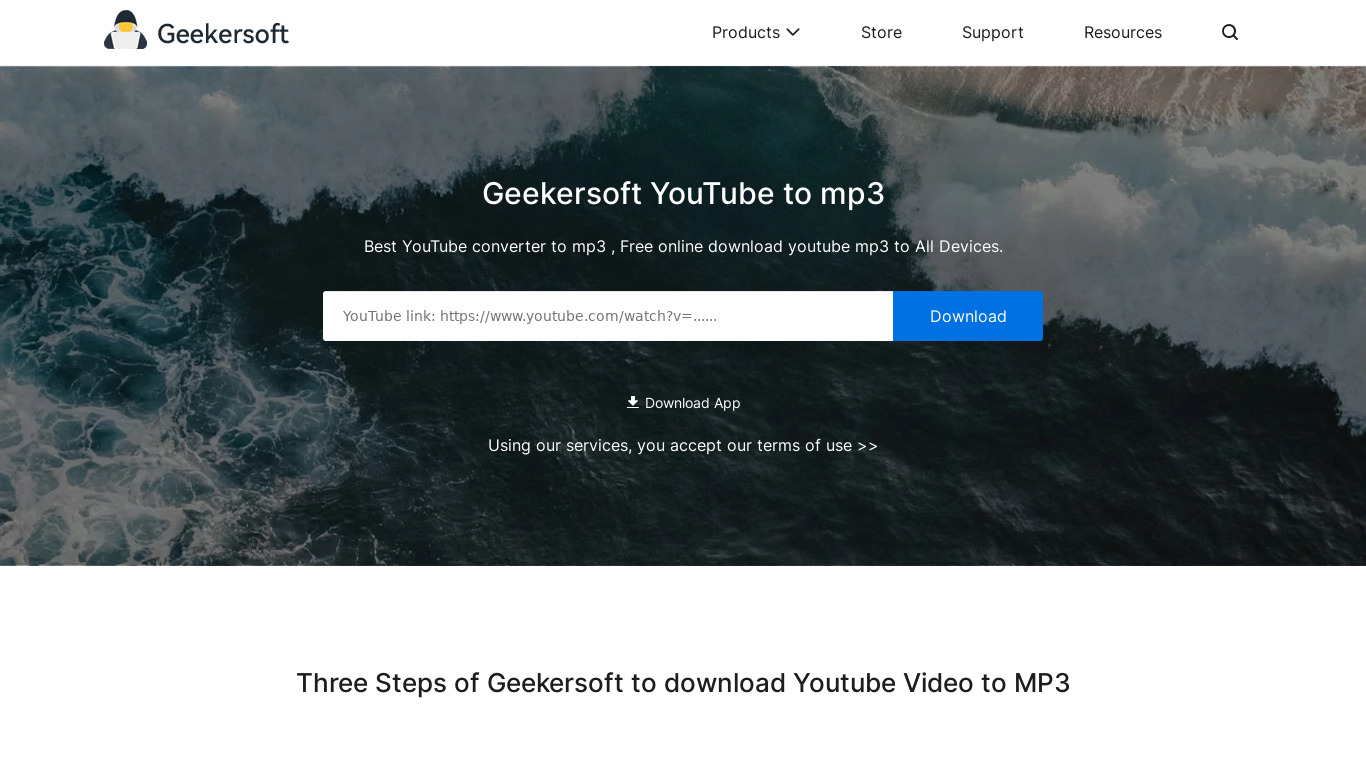 Geekersoft YouTube to MP3 Landing page