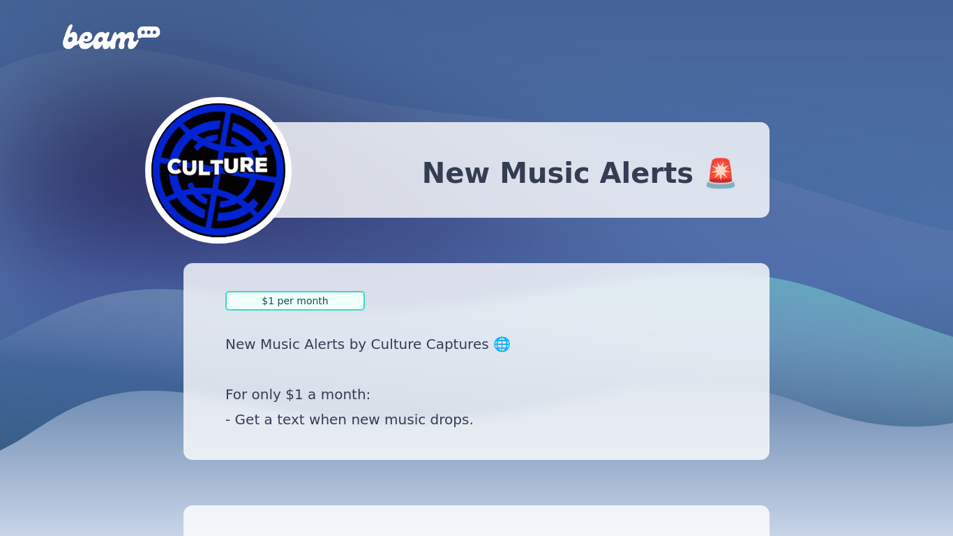 New Music Alerts by Beam Landing page