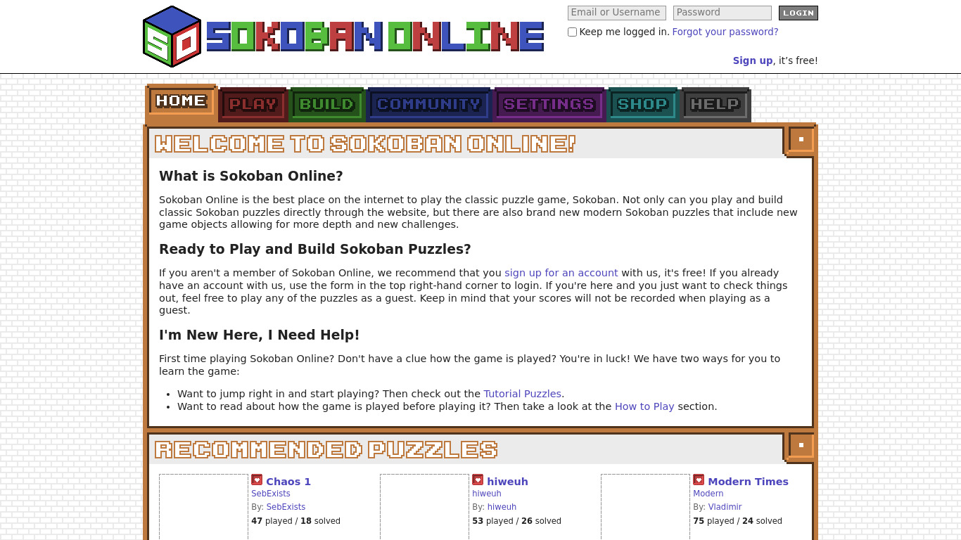 Sokoban Online Landing page
