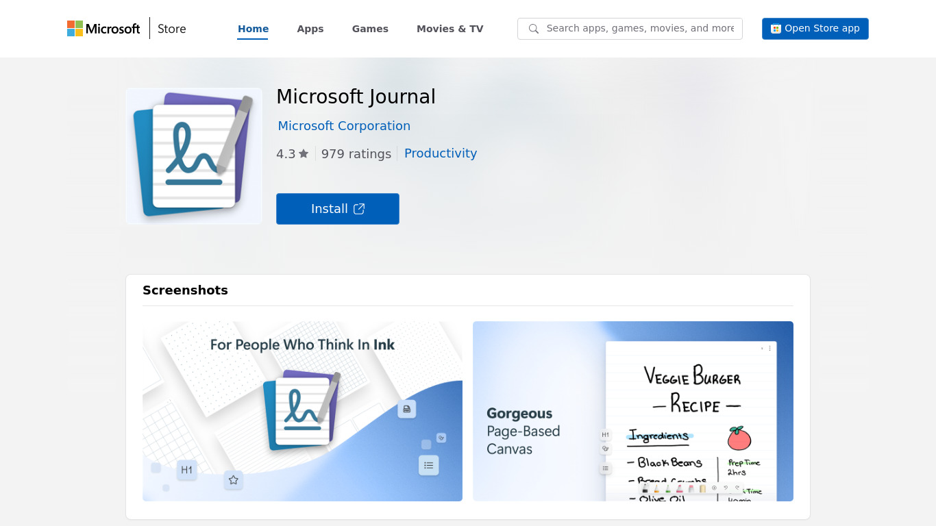 Microsoft Journal Landing page