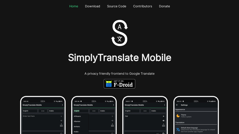 SimplyTranslate Mobile Landing Page