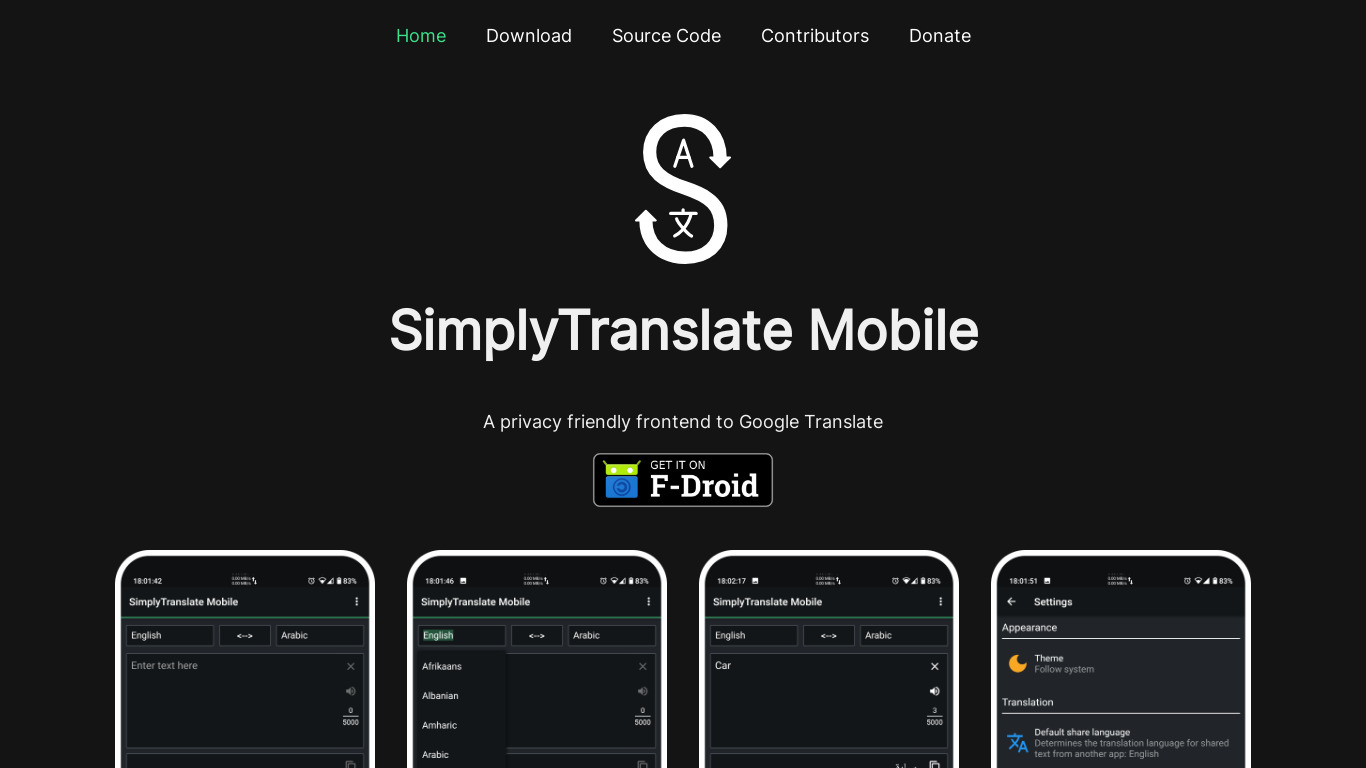 SimplyTranslate Mobile Landing page