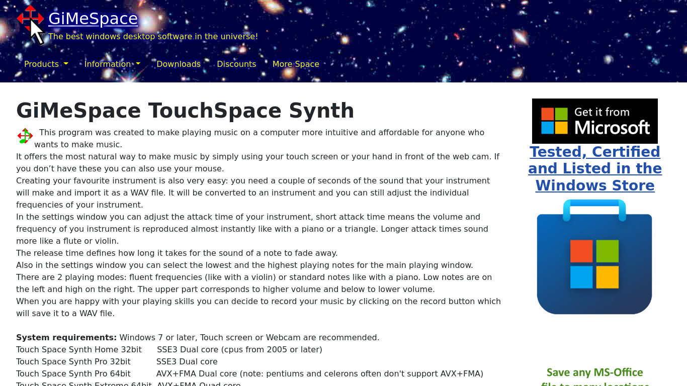 GiMeSpace TouchSpace Synth Landing page