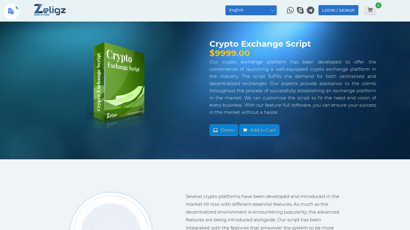 Zeligz Crypto Exchange Script Landing page