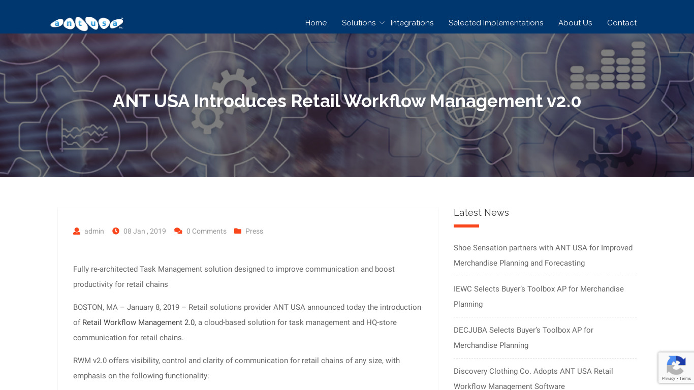 Retail Workflow Management Landing page