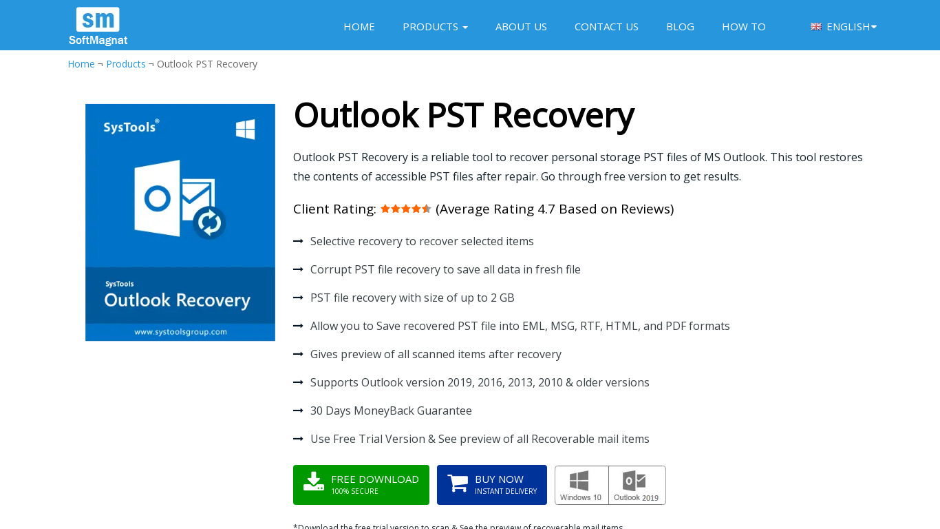 Softmagnat Outlook PST Recovery Tool Landing page