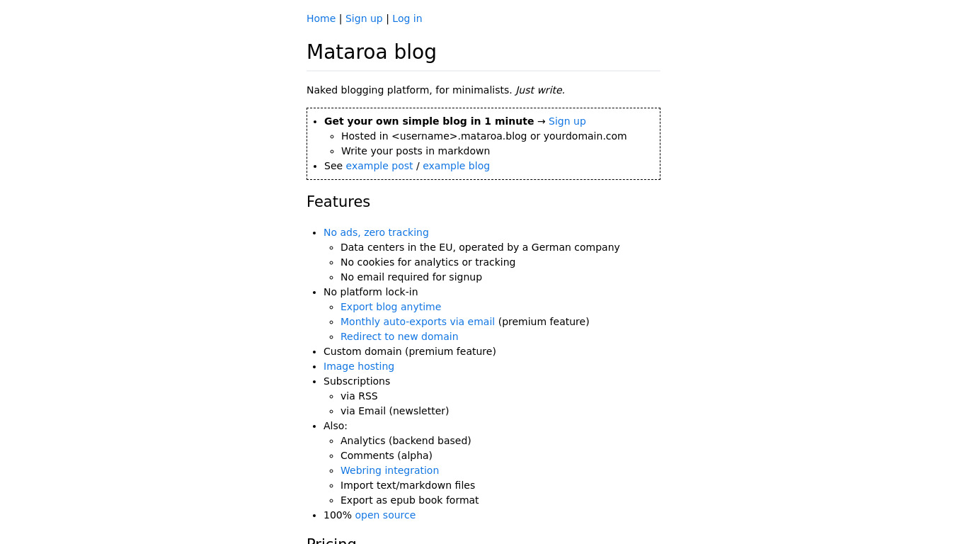 Mataroa.blog Landing page