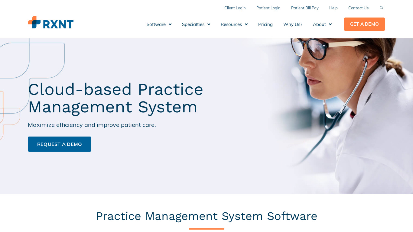 RXNT Practice Management Landing page