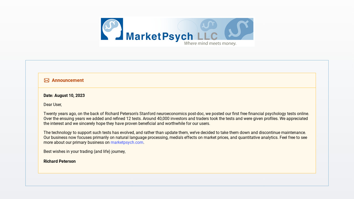 Marketpsych Tests Landing page