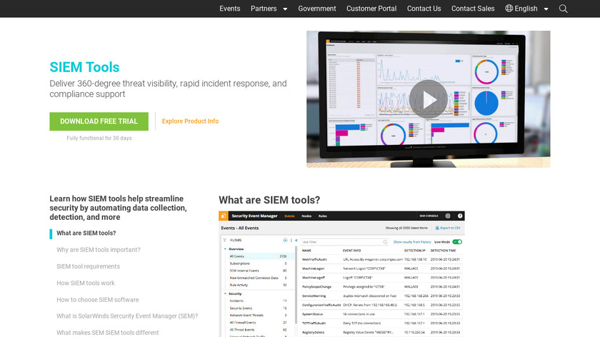 SolarWinds SIEM Security and Monitoring Landing Page