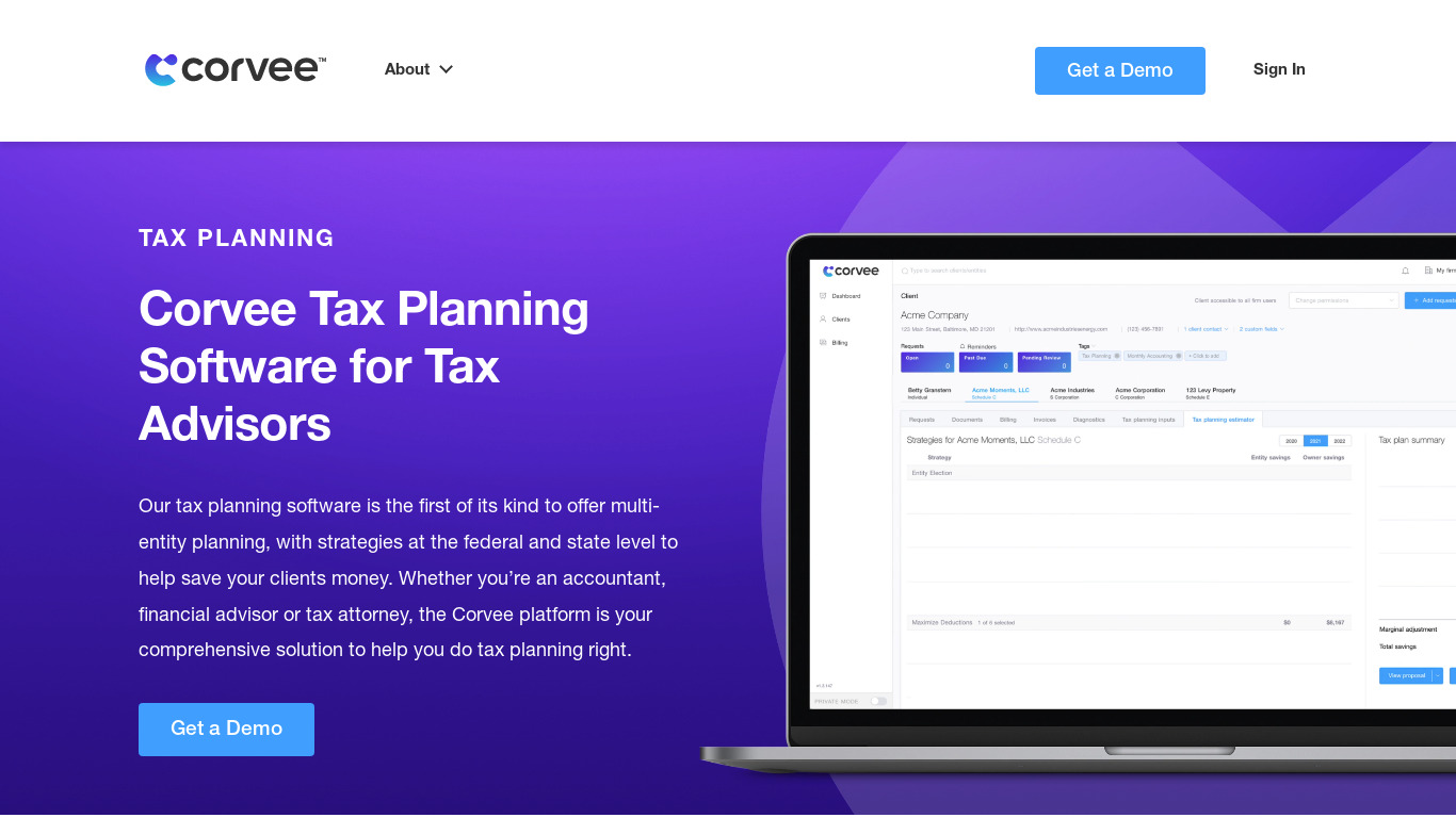 Corvee Tax Planning Landing page