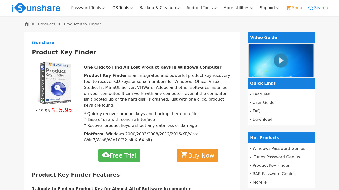 iSunshare Product Key Finder Landing page