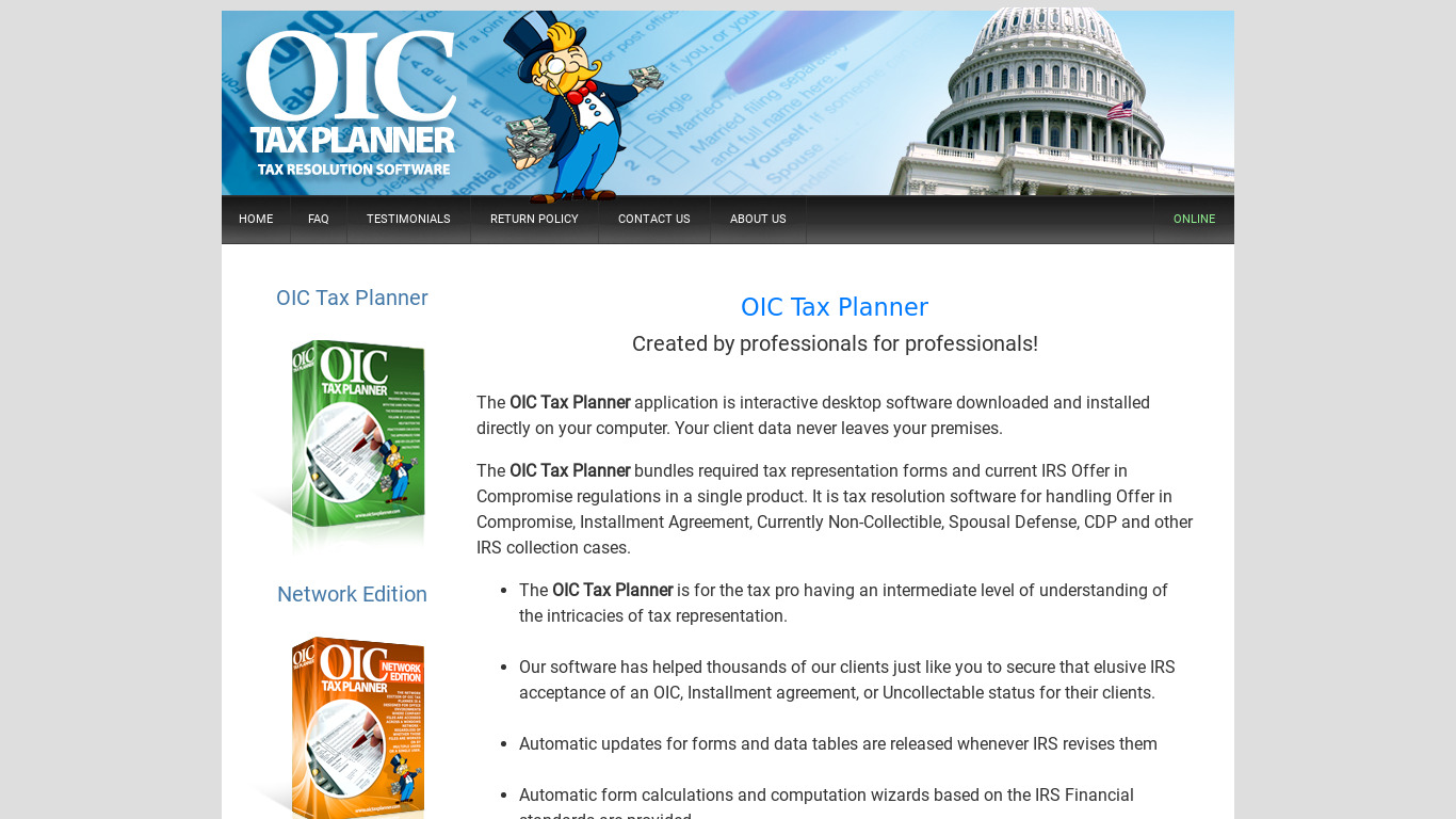 OIC Tax Planner Landing page