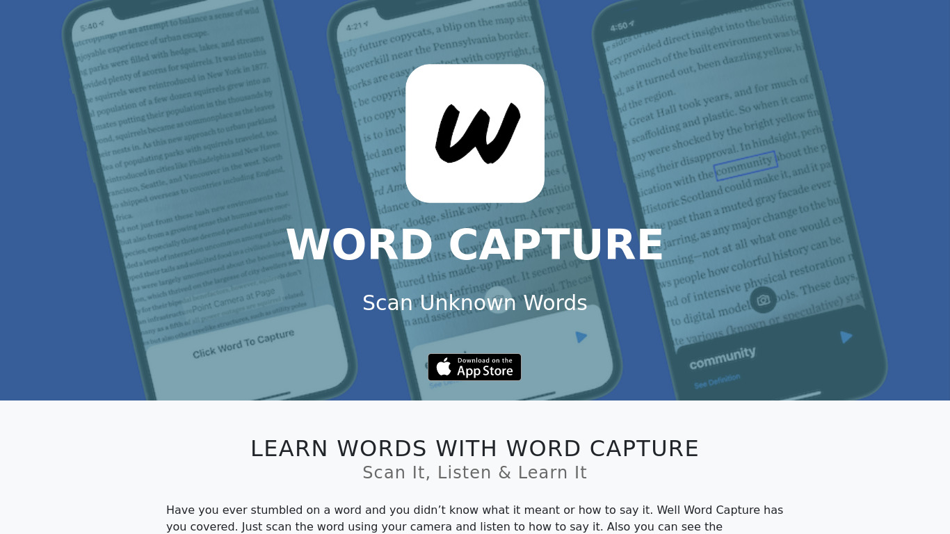 Word Capture Landing page