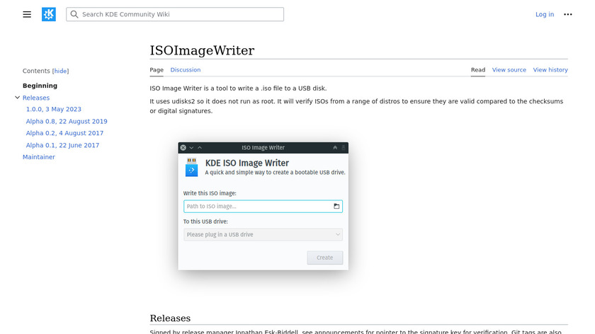 KDE ISO Image Writer Landing Page