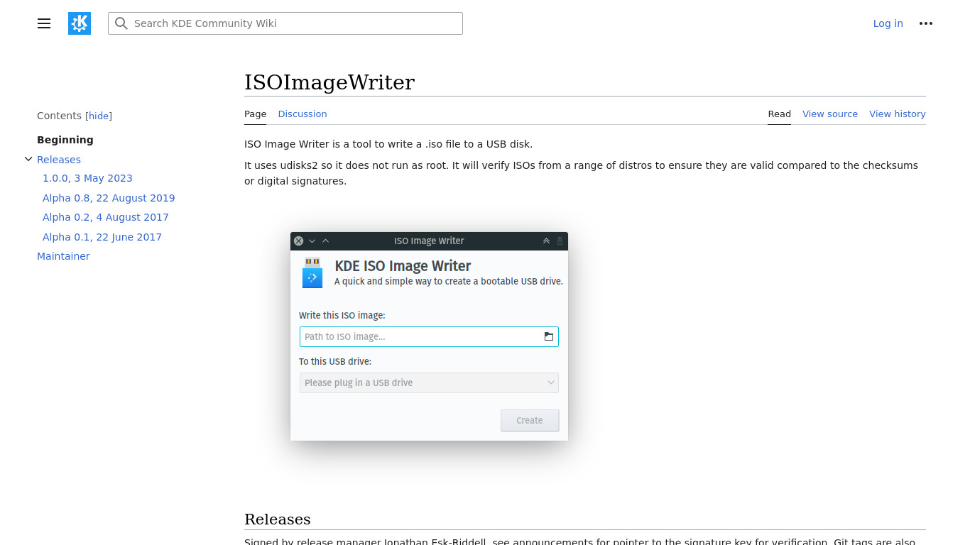 KDE ISO Image Writer Landing page