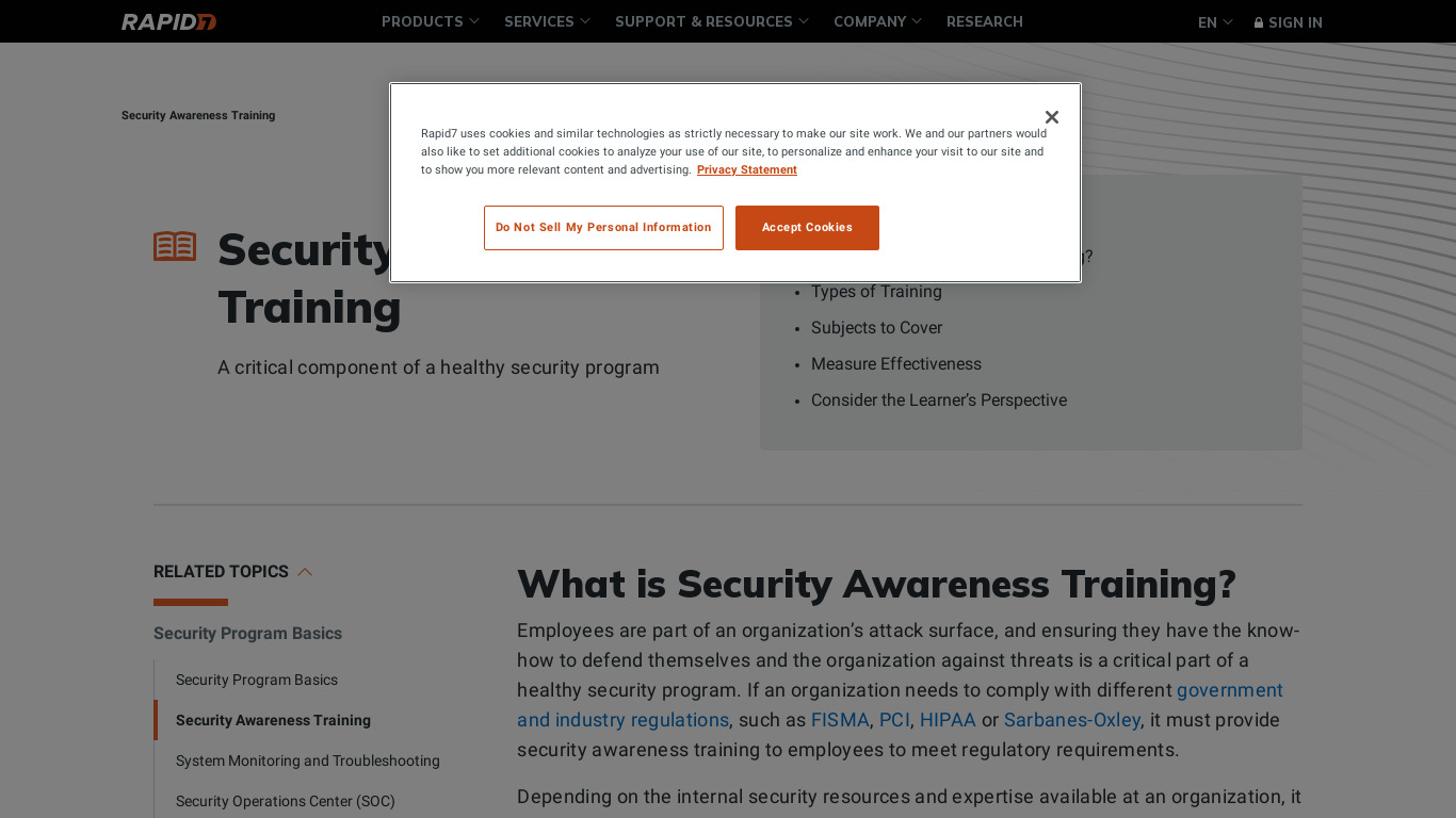 Rapid7 Security Awareness Training Landing page