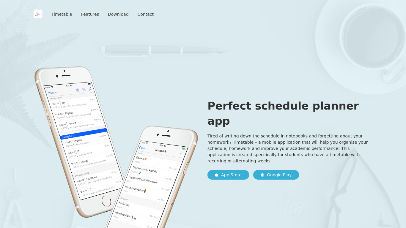 Weekly Timetable App Landing page