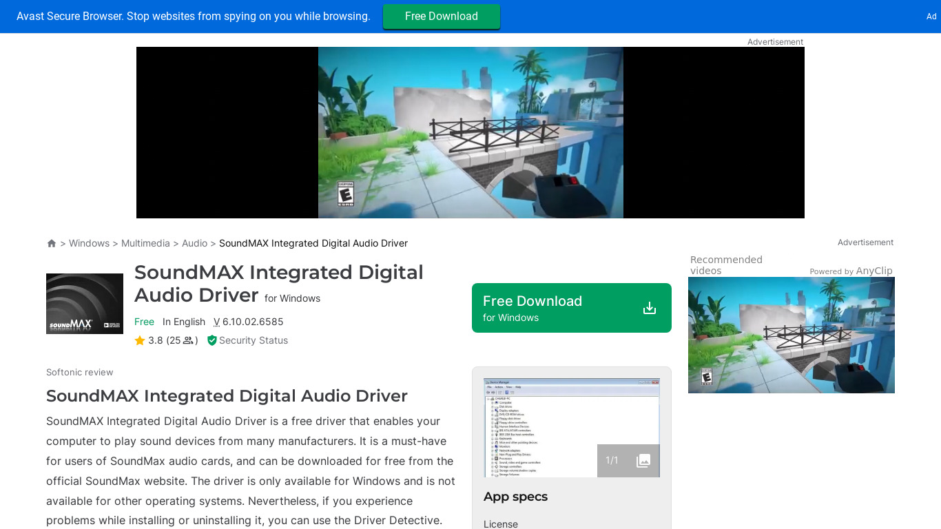 SoundMAX Integrated Digital Audio Landing page