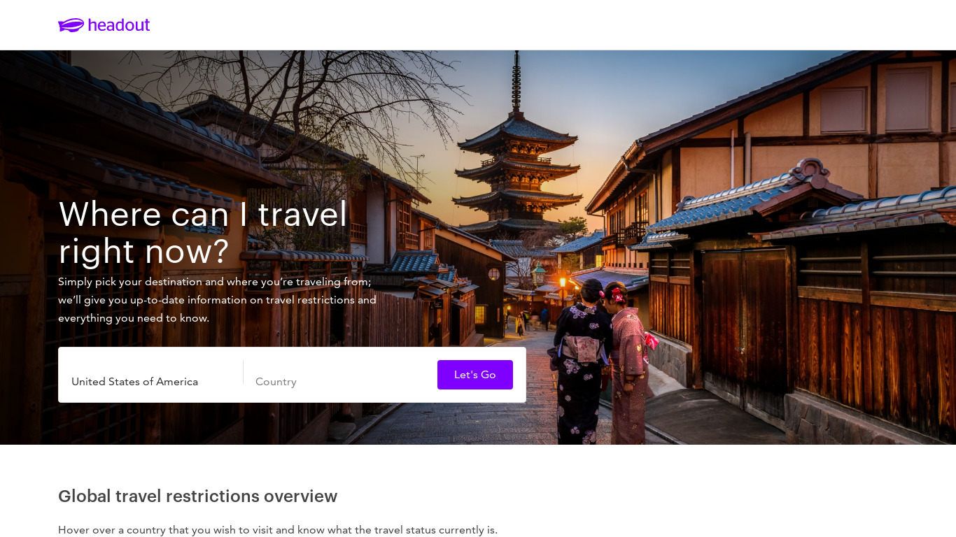 Covid Travel Planner by Headout Landing page
