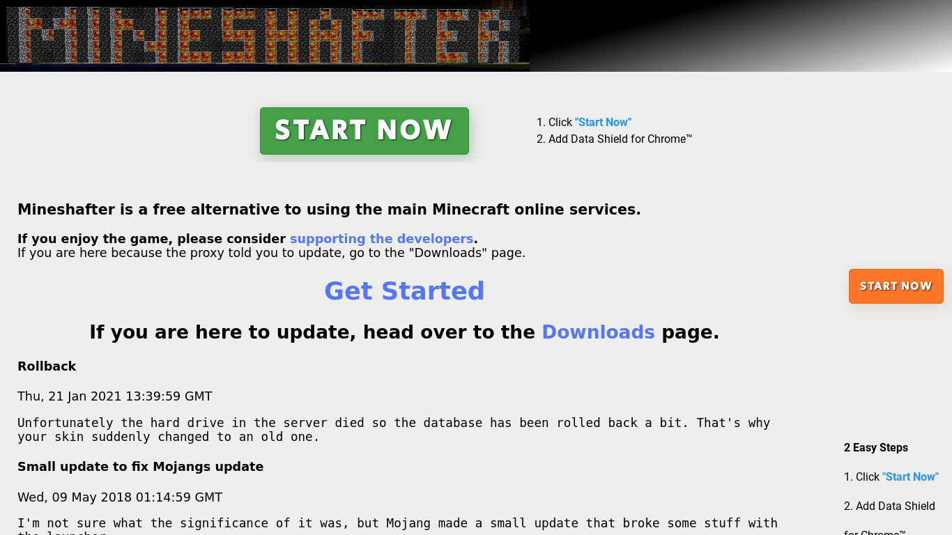 Mineshafter Landing page