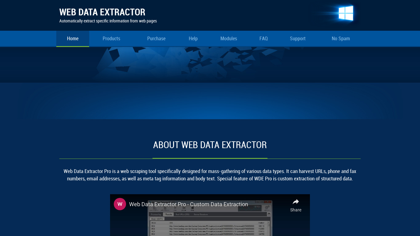 Web Data Extractor Landing page