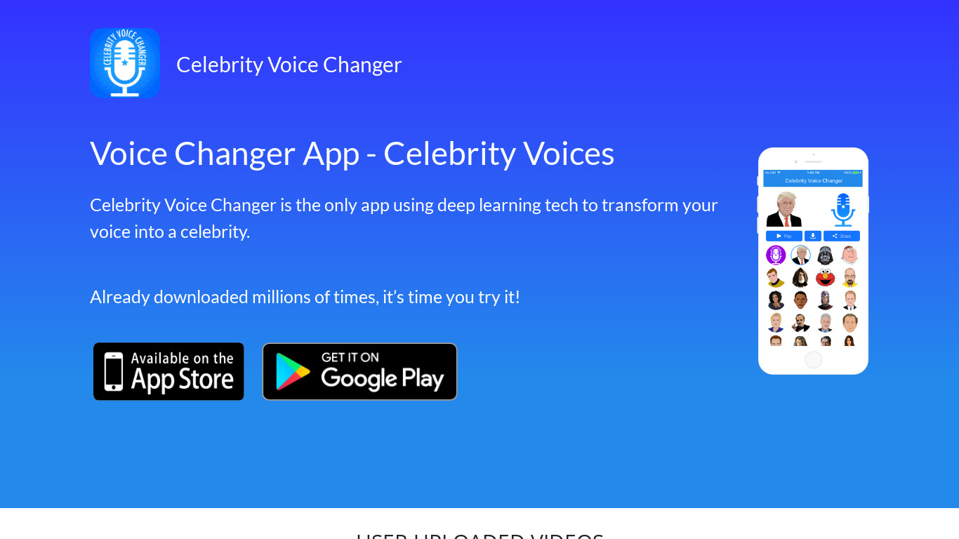 Celebrity Voice Changer Landing page