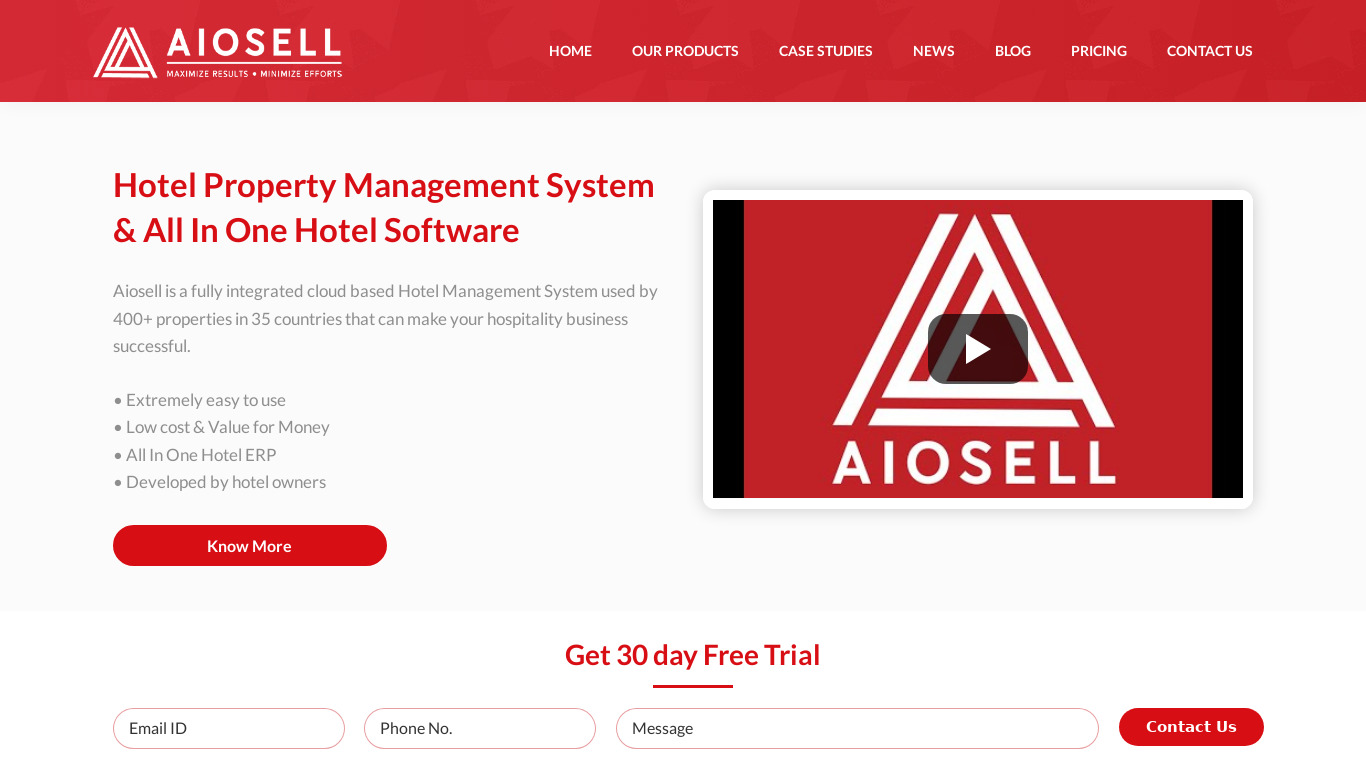 Aiosell Property Management System Landing page
