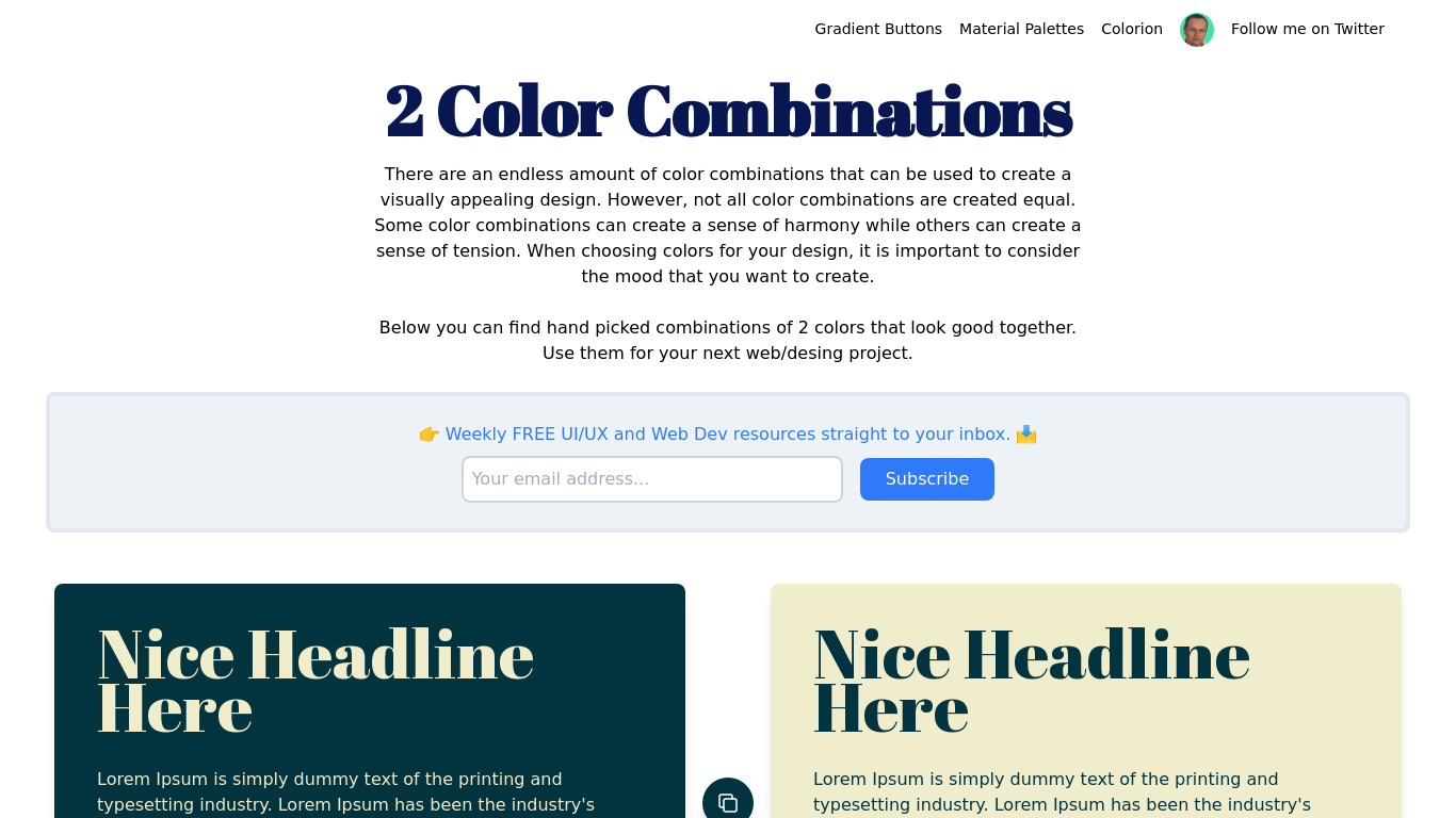 Two Color Combinations Landing page