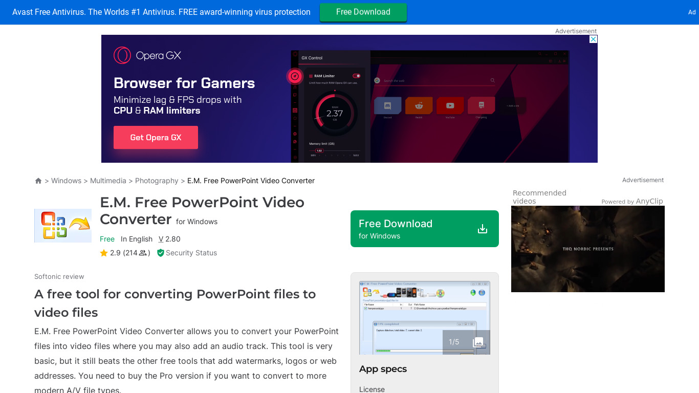 EM Free PowerPoint Video Converter Landing page