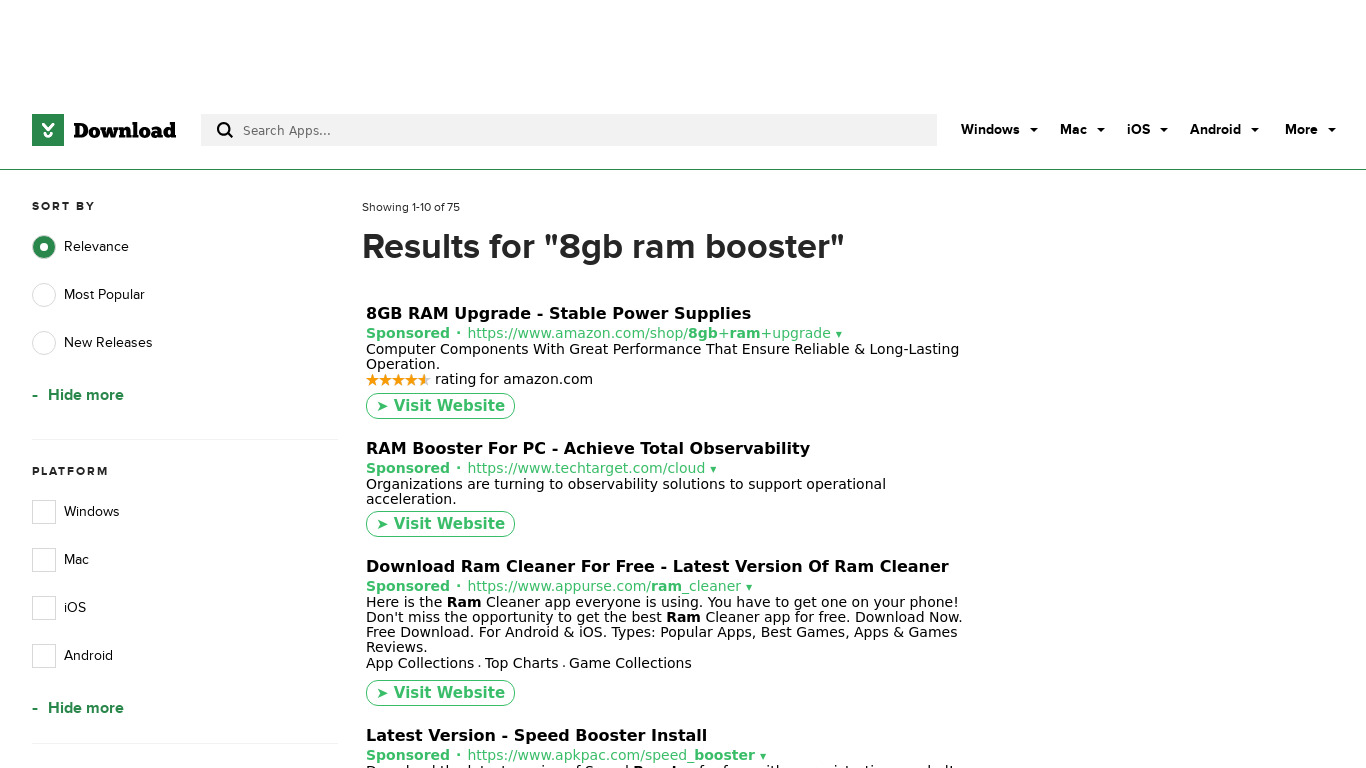 8Gb Ram Booster Landing page