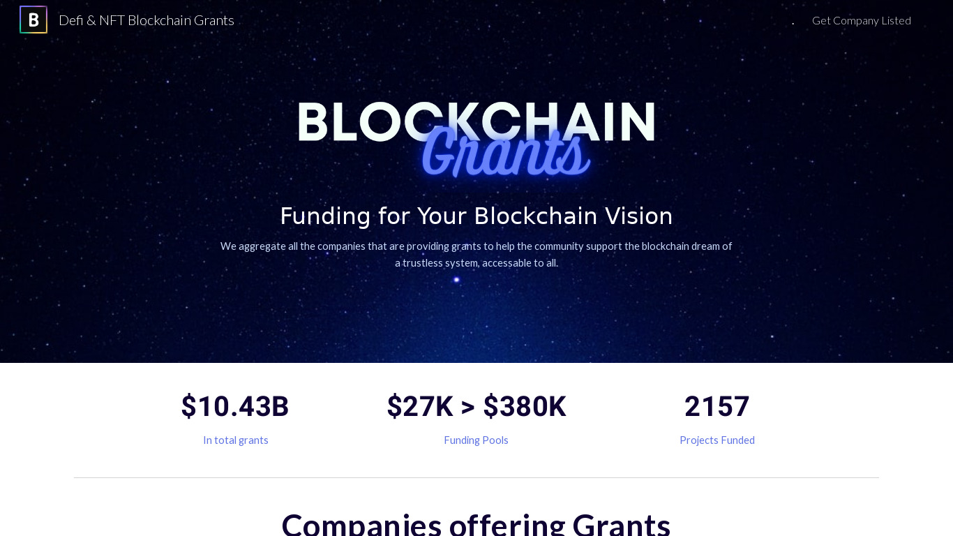 Blockchain Grants Landing page