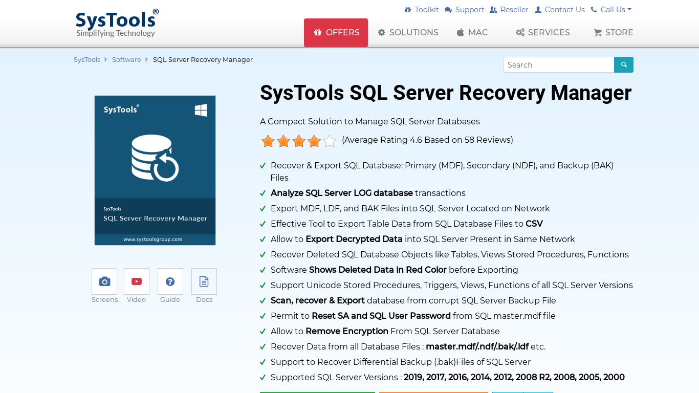 SysTools SQL Server Recovery Manager Landing page