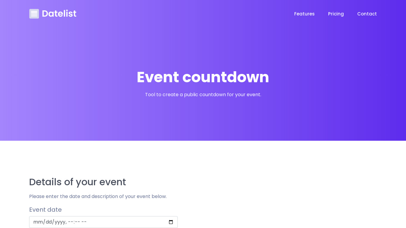 Online Countdown by Datelist Landing page
