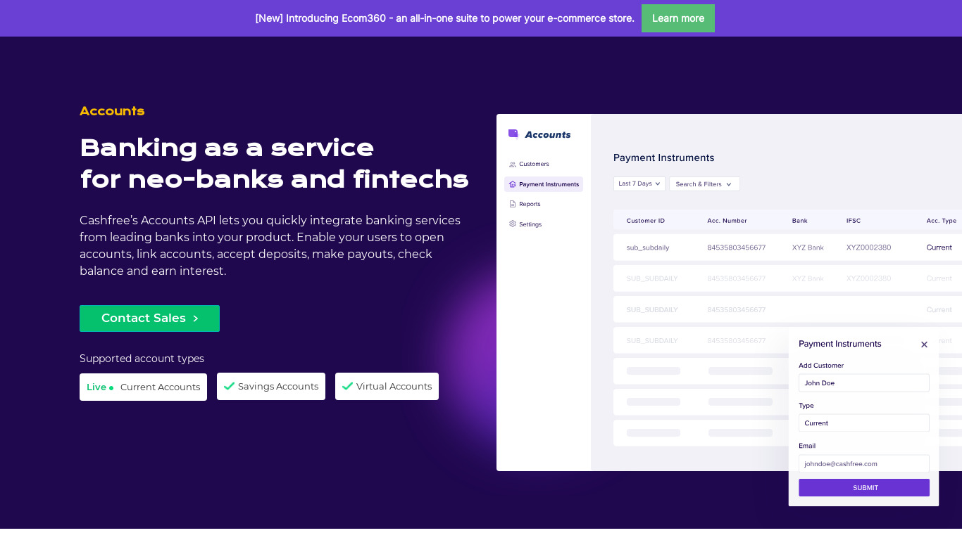 Accounts  by Cashfree Landing page