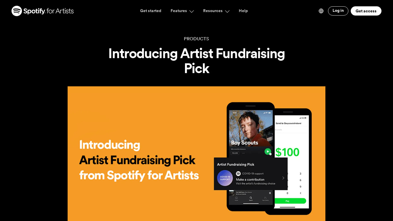 Artist Fundraising Pick by Spotify Landing page