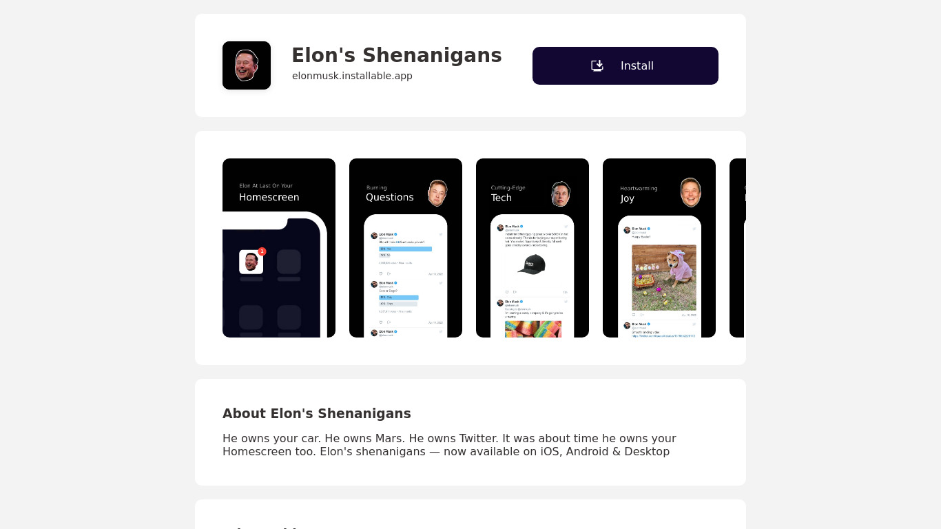 Elon's Shenanigans Landing page